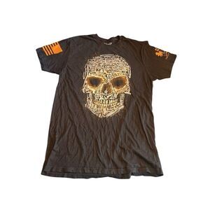 Y2K Grunt Style Gun Skull Black T-Shirt Mens Size Large Black Orange Grunge